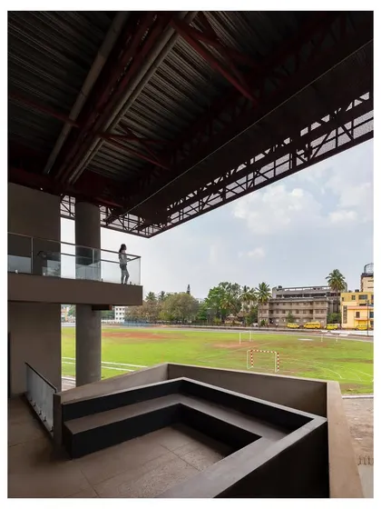 The 'Hoverspace' office features deep verandahs that shelter the interiors and provide breakout spaces with expansive views of the sports ground.