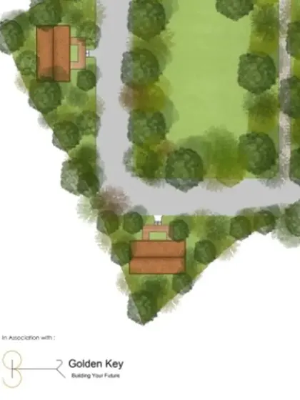 Our landscape architecture focuses on integrating individual structures within a lush, green environment. This detailed view shows how pathways and cottages are nestled among planned green spaces to create a sense of privacy and connection to nature.