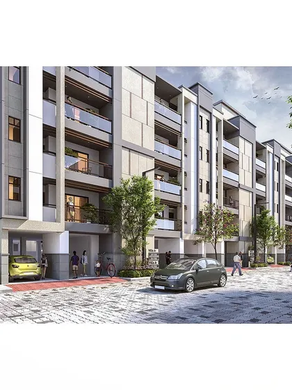 The exterior facade and integrated parking at Flora Avenue. Our architectural design for this micro-housing project focuses on clean lines and a contemporary aesthetic to set new standards for middle-income living.