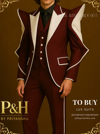 A detailed close-up of the wine and white suit's torso. This view highlights the precise white piping, the structure of the lapels, and the tailored fit of the waistcoat.