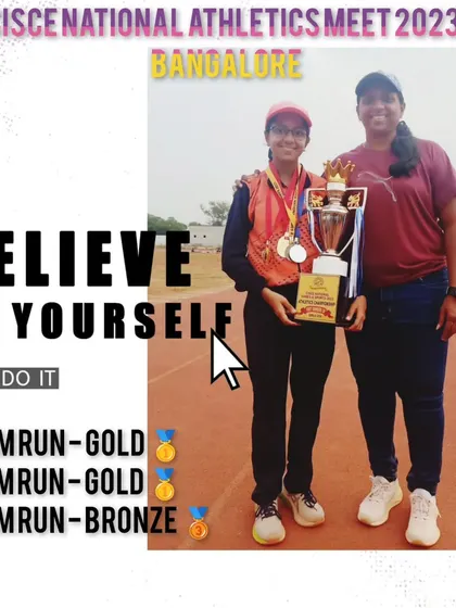 My athlete Eekisha Bhadsavale with her trophies at the CISCE National Athletics Meet. She won two golds, a bronze, and the individual championship trophy.