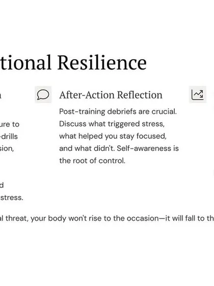 We build emotional resilience through progressive stress exposure. Drills that simulate real-world threats normalize the stress response, and after-action reflection helps you understand your triggers and build self-awareness.
