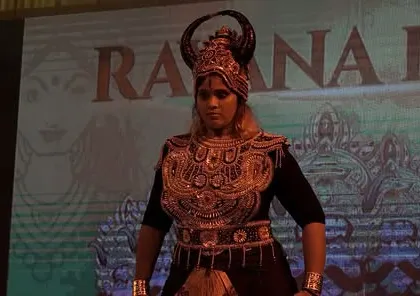 The powerful presence of Raavan on stage during our 'Ramayan' performance. We pay close attention to character portrayal through costume, expression, and movement.