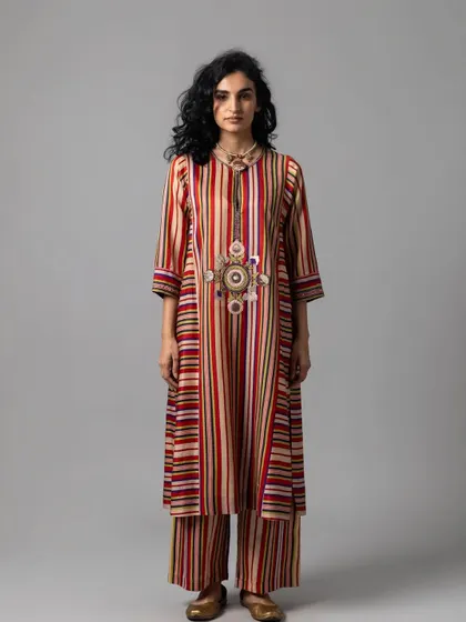 A multi-colored striped kurta set with a central embroidered medallion. This is a great option for someone who loves prints and patterns but still wants a touch of traditional craftsmanship.