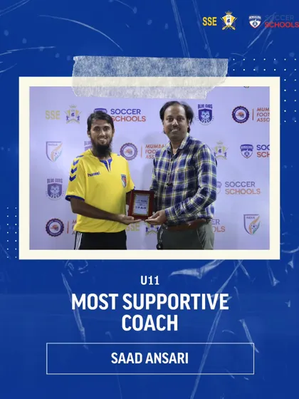 Recognizing coaching excellence. Coach Saad Ansari receives the 'Most Supportive Coach' award for the U11 category at our internal Champions League.
