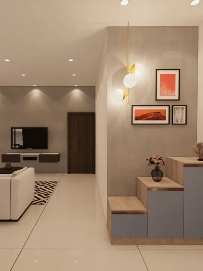 A unique, step-like foyer unit that provides storage and display surfaces at different heights, complemented by modern pendant lighting.