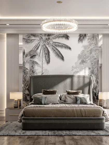 A frontal view of the modern bedroom, emphasizing the symmetry of the design with matching bedside tables and lamps against the bold feature wall.