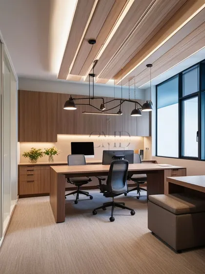 In this private cabin, I used wood-paneled ceilings with integrated cove lighting to add warmth and architectural interest. The design provides a quiet, comfortable space for focused work, separated from the main office by a glass partition.