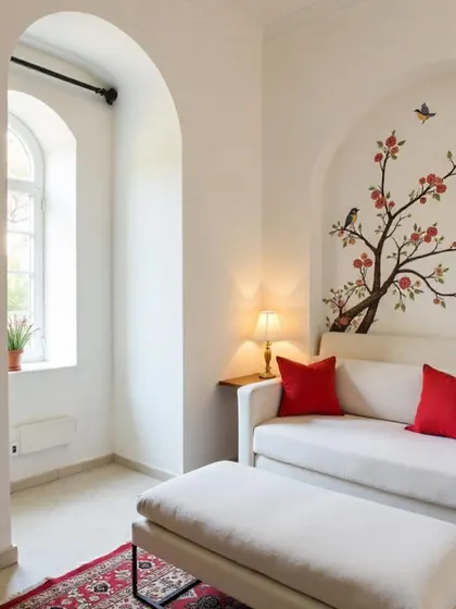 This AI-generated concept shows how a simple, elegant floral mural can add a touch of serenity to a minimalist space. The artwork climbs the wall behind the sofa, creating a focal point that is both artistic and calming.