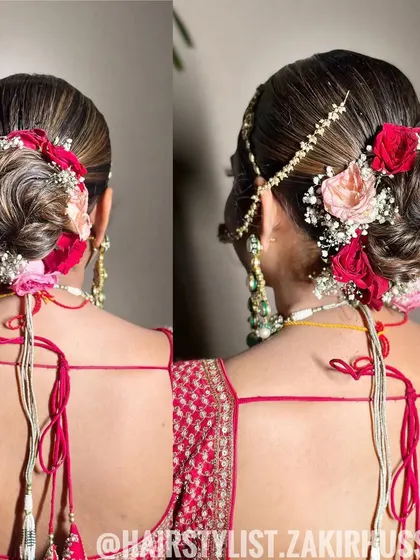 A collage showing three different looks for one bride, with the final bridal look featuring a stunning floral bun with red and pink roses.
