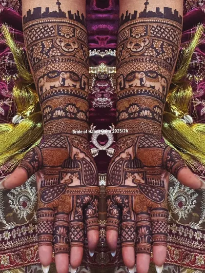 A truly royal design where tradition meets storytelling. This full-coverage mehendi features majestic elephants, a city skyline, and intricate jaali patterns for a grand bridal look.