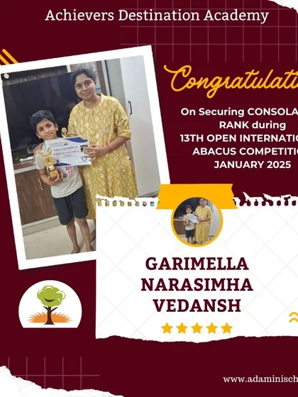 Congratulations to Garimella Narasimha for securing a consolation rank in the 13th Open International Abacus Competition.