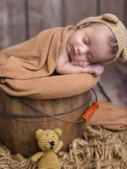 Another take on the teddy bear theme, with the baby wrapped in a warm brown blanket and sleeping in a bucket.