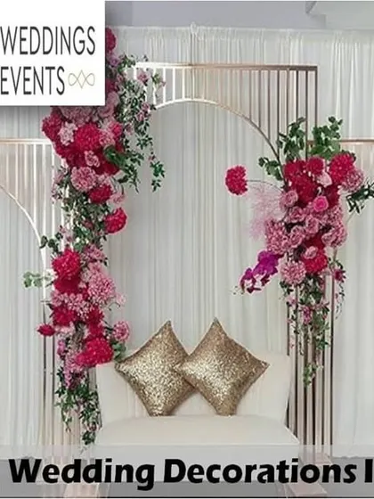 This graphic showcases a modern reception stage we designed, featuring bold pink florals and contemporary gold arches. It reflects our commitment to creating stylish and personalized wedding decorations in Bangalore.