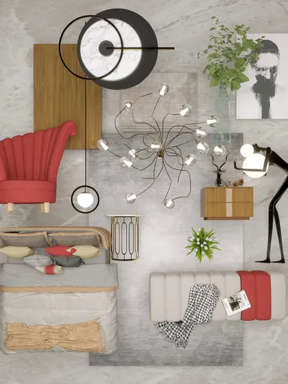 A flat-lay mood board for the 'Golden Glam' project, showcasing the luxurious combination of materials and decor.