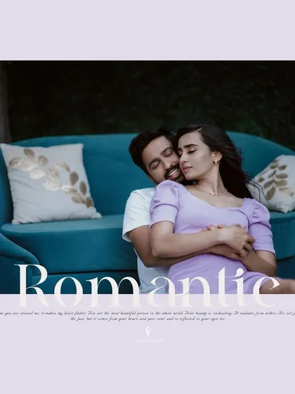 A romantic embrace on a beautiful turquoise sofa. I use creative compositions and settings to craft pre-wedding images that are both artistic and deeply personal.
