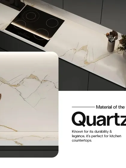 Material selection is key to a long-lasting kitchen. This graphic highlights Quartz, a material I often recommend for countertops due to its excellent durability and elegant appearance.