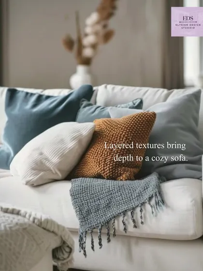 Layered textures bring depth and comfort to a cozy sofa. This image shows how mixing different fabrics, like knit, velvet, and woven materials, can make a simple sofa feel much more inviting and visually interesting.