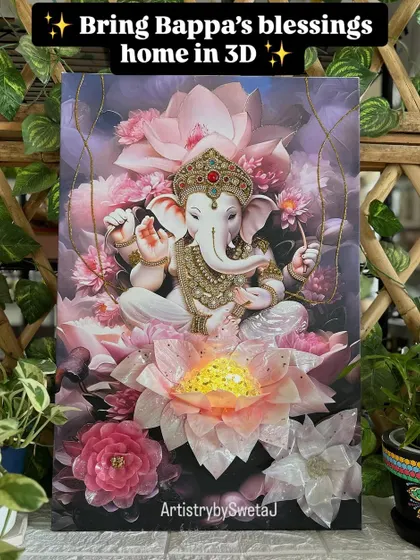 Bring Bappa's blessings home in 3D. This view shows the completed Ganesha frame, surrounded by lush greenery, ready to bring its positive energy to a new space.