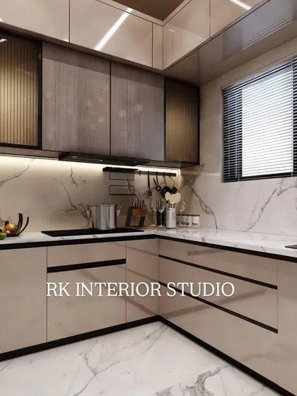 This is a 3D render of a modern L-shaped kitchen. I designed it with a marble-patterned backsplash and floor, two-tone cabinets, and under-cabinet lighting to create a bright and luxurious cooking space.
