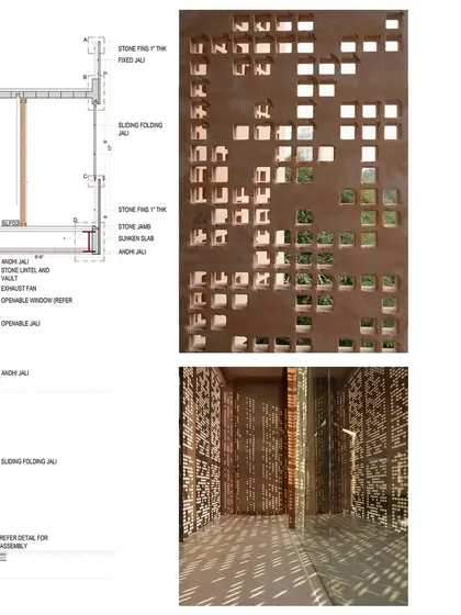 A design detail from the House of Solid Stone, showing the technical drawing for the operable stone screens (*jaalis*) alongside photos of the beautiful light patterns they create.