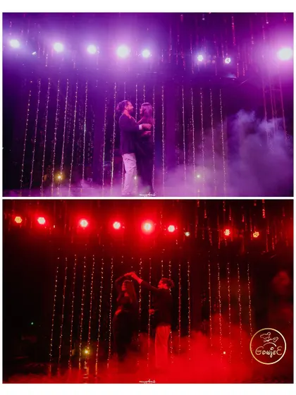 The couple sharing a romantic dance on a fog-filled stage with dramatic red and purple lighting.