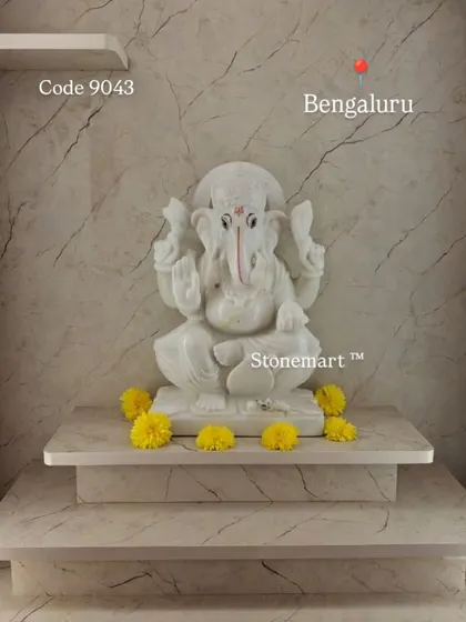We are grateful to our client in Bengaluru for sharing this image of our 16-inch white marble Ganesha idol in their beautiful home temple. This piece, with its detailed hand carving, is designed to be a divine centerpiece for pooja and daily worship.