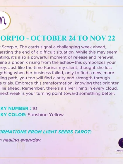 The cards signal a challenging week for Scorpio, but also a powerful moment of release and renewal. Like a phoenix rising from the ashes, this is your turning point toward something better.