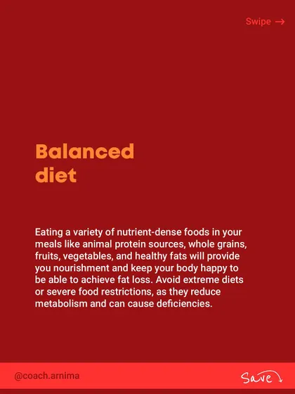 A carousel of tips for sustainable fat loss. It's not about crash diets. It's about a balanced diet, weight training, managing stress, and walking 10-12k steps daily.