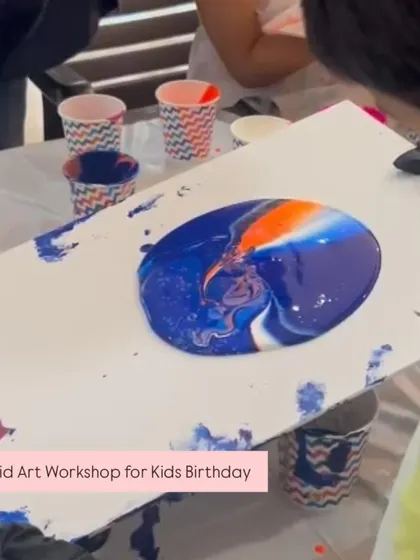 A graphic showcasing a fluid art workshop for a kids' birthday. It's a great, hands-on activity that kids absolutely love.