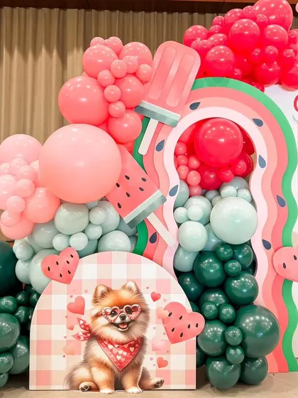 A detailed look at the "One in a Melon" theme, showing the watermelon-themed props and the cute puppy character that brings the party to life.