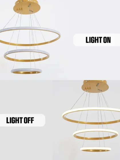 Another example of a multi-ring chandelier with its light on and off, showcasing its elegant design and smart features.