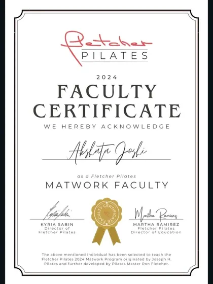 I am so happy to share my official Fletcher Pilates Matwork Faculty certificate. This achievement allows me to bring the full teacher training course to India and help build our local Fletcher community.