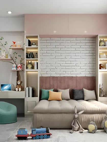This adorable bedroom has a soft, natural feel with its pink and wood tones and brick-effect wallpaper. The bed has built-in shelving, and the cute tree-shaped shelf next to the desk is a lovely detail.