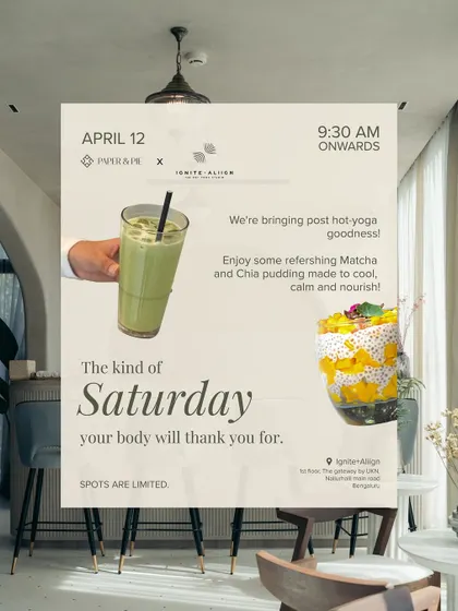An event poster for a Saturday hot yoga and wellness session we collaborated on, showing how our brand extends to lifestyle events.