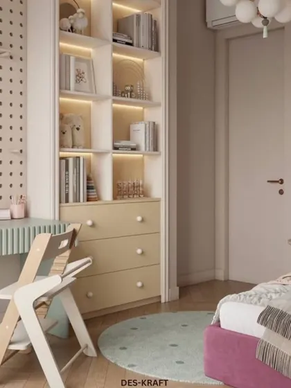 The combination of the magenta bed, mint-colored rug, and pastel yellow drawers creates a cheerful and harmonious color palette perfect for a child's room.