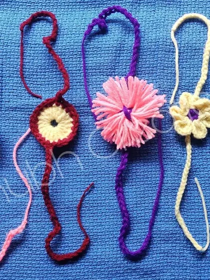 An assortment of five unique rakhis, demonstrating different knotting and crochet techniques for a modern look.