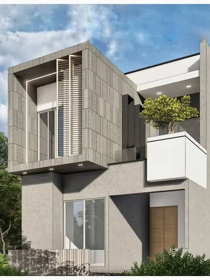 A minimalist house design where a textured, block-like volume appears to float. The use of louvers provides privacy and sun shading, demonstrating a blend of aesthetics and practical function.