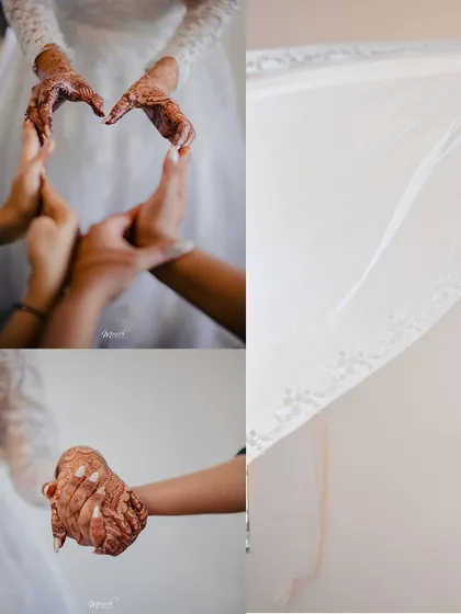 A collage showing the bride's connection with her bridesmaids and the details of her stunning white wedding gown.