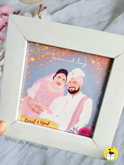 A beautiful wedding portrait is transformed into a sparkling digital illustration. This custom art piece captures the joy of a newly married couple, making it a perfect wedding or anniversary gift.