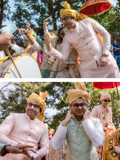 The groomsmen are all smiles and dance moves. These candid shots capture the fun and support of the groom's closest friends.