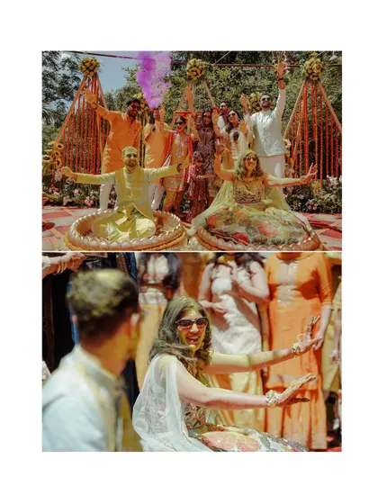 A collage of the Haldi ceremony, with the couple being showered in colorful smoke and petals. These dynamic shots are full of energy and celebration.