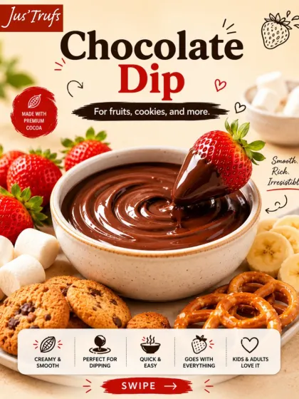 Our chocolate dip illustration pairs the dip with fruit and cookies as another suggested use for Hot Chocolate Mix.