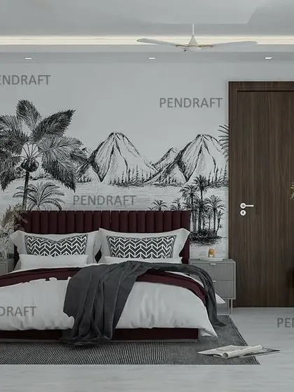 This bedroom features a dramatic, monochromatic tropical wallpaper that spans the entire wall, creating a modern and immersive camping-inspired escape.