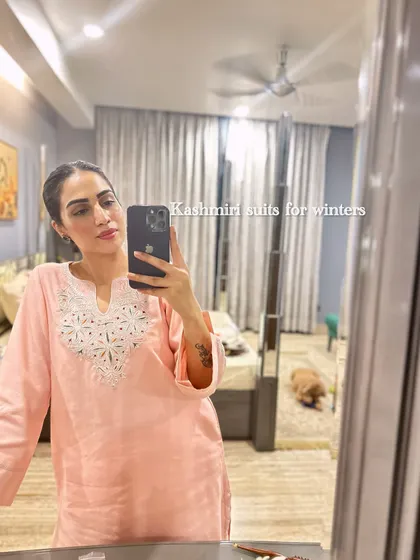 A mirror selfie in a beautiful Kashmiri suit, part of a recent photo dump.