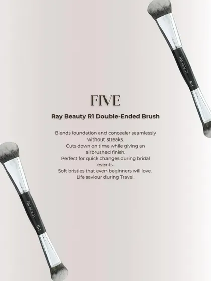 The Ray Beauty R1 Double-Ended Brush is a travel lifesaver. It blends foundation and concealer seamlessly without streaks, cutting down on time while giving an airbrushed finish.