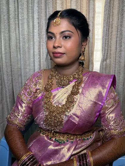 Another angle of Namratha's beautiful engagement makeup. The soft glam look is perfect for an intimate family event.