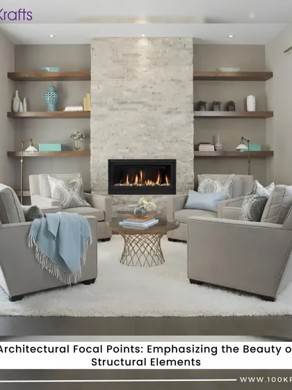 We love creating architectural focal points. This cozy seating area is arranged around a modern fireplace with a textured concrete-finish chimney breast, flanked by open wooden shelves for a balanced look.