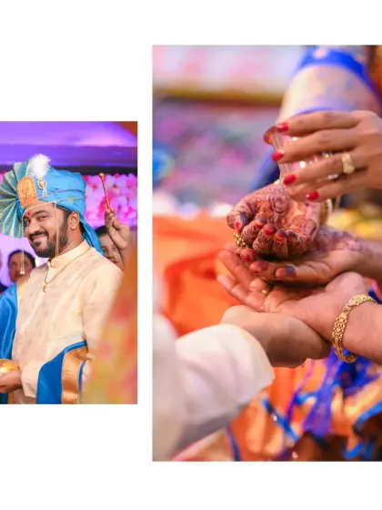 A photo collage showing the groom's readiness for the ceremony and the sacred 'kanyadaan' ritual where hands are joined.