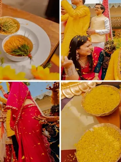A collage of the details and traditions of Atul and Yashika's Haldi. From the turmeric paste to the showering of petals, I make sure to capture every element of the ritual.